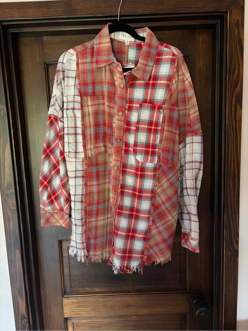 Red Patchwork Plaid Button-Up Women's Shirt